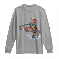 Vintage Cowgirl Riding Rainbow Trout Long Sleeve Shirt Funny Fishing Western Rodeo