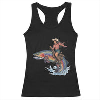 Vintage Cowgirl Riding Rainbow Trout Racerback Tank Top Funny Fishing Western Rodeo