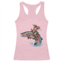 Vintage Cowgirl Riding Rainbow Trout Racerback Tank Top Funny Fishing Western Rodeo