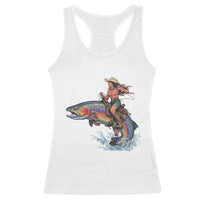 Vintage Cowgirl Riding Rainbow Trout Racerback Tank Top Funny Fishing Western Rodeo