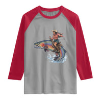 Vintage Cowgirl Riding Rainbow Trout Raglan Shirt Funny Fishing Western Rodeo