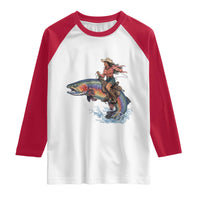Vintage Cowgirl Riding Rainbow Trout Raglan Shirt Funny Fishing Western Rodeo