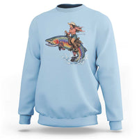 Vintage Cowgirl Riding Rainbow Trout Sweatshirt Funny Fishing Western Rodeo