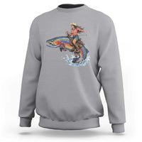 Vintage Cowgirl Riding Rainbow Trout Sweatshirt Funny Fishing Western Rodeo