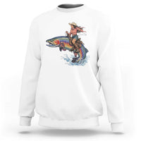 Vintage Cowgirl Riding Rainbow Trout Sweatshirt Funny Fishing Western Rodeo