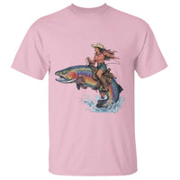 Vintage Cowgirl Riding Rainbow Trout T Shirt Funny Fishing Western Rodeo
