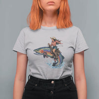 Vintage Cowgirl Riding Rainbow Trout T Shirt For Women Funny Fishing Western Rodeo