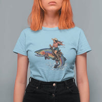 Vintage Cowgirl Riding Rainbow Trout T Shirt For Women Funny Fishing Western Rodeo
