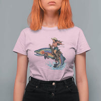 Vintage Cowgirl Riding Rainbow Trout T Shirt For Women Funny Fishing Western Rodeo