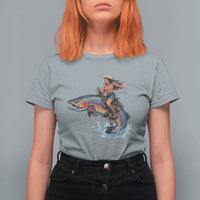 Vintage Cowgirl Riding Rainbow Trout T Shirt For Women Funny Fishing Western Rodeo