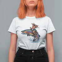Vintage Cowgirl Riding Rainbow Trout T Shirt For Women Funny Fishing Western Rodeo