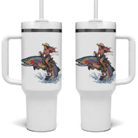 Vintage Cowgirl Riding Rainbow Trout Tumbler With Handle Funny Fishing Western Rodeo