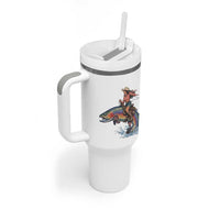 Vintage Cowgirl Riding Rainbow Trout Tumbler With Handle Funny Fishing Western Rodeo
