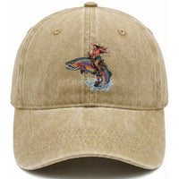 Vintage Cowgirl Riding Rainbow Trout Washed Cotton Baseball Cap Funny Fishing Western Rodeo