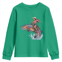 Vintage Cowgirl Riding Rainbow Trout Youth Sweatshirt Funny Fishing Western Rodeo