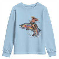 Vintage Cowgirl Riding Rainbow Trout Youth Sweatshirt Funny Fishing Western Rodeo