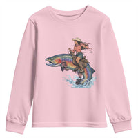Vintage Cowgirl Riding Rainbow Trout Youth Sweatshirt Funny Fishing Western Rodeo