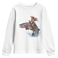 Vintage Cowgirl Riding Rainbow Trout Youth Sweatshirt Funny Fishing Western Rodeo