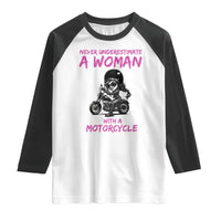 Funny Biker Woman Raglan Shirt Never Underestimate A Women On A Motorcycle - Wonder Print Shop