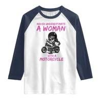 Funny Biker Woman Raglan Shirt Never Underestimate A Women On A Motorcycle - Wonder Print Shop