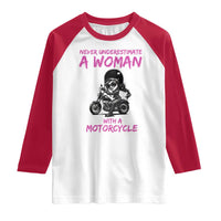 Funny Biker Woman Raglan Shirt Never Underestimate A Women On A Motorcycle - Wonder Print Shop