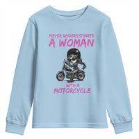 Funny Biker Woman Youth Sweatshirt Never Underestimate A Women On A Motorcycle - Wonder Print Shop