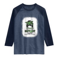 Mental Health Awarenes Raglan Shirt Messy Bun Green Ribbon Support