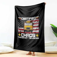 Certified Chaos Transport Technician Throw Blanket Patriotic School Bus Driver USA American Flag