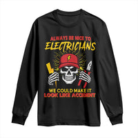 Funny Electrician Skull Long Sleeve Shirt Electrical Engineer Electricity Lineman - Wonder Print Shop