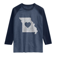 Missouri Home Distressed Missouri State Map with Heart Raglan Shirt
