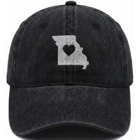 Missouri Home Distressed Missouri State Map with Heart Washed Cotton Baseball Cap