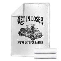 Get In Loser We're Late For Easter Throw Blanket Funny Easter Raccoon Frog Goose Humor