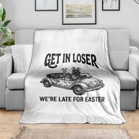 Get In Loser We're Late For Easter Throw Blanket Funny Easter Raccoon Frog Goose Humor