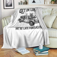 Get In Loser We're Late For Easter Throw Blanket Funny Easter Raccoon Frog Goose Humor