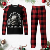 Skull Smoking Plaid Pajama Set Blood Sweat Profanity Blue Collar - Wonder Print Shop