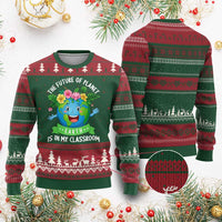 The Future Of Planet Is In My Classroom Ugly Christmas Sweater Cute Earth with Floral Earth Day