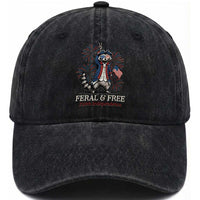Feral and Free Funny Raccoon 4th of July Washed Cotton Baseball Cap USA 250 Years Freedom Independence Anniversary Gift