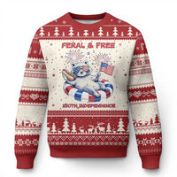 Feral and Free Funny Raccoon 4th of July Ugly Christmas Sweater 250 Years Of Freedom