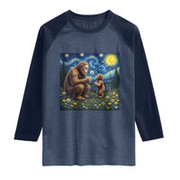Bigfoot Blowing Dandelion Starry Night Raglan Shirt Sasquatch Dad Fathers Day Father Son Matching