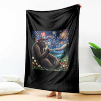Bigfoot Blowing Dandelion Throw Blanket Sasquatch Van Gogh Starry Night 4th of July