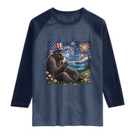 Bigfoot Blowing Dandelion Raglan Shirt Sasquatch Van Gogh Starry Night 4th of July