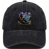 Bigfoot Blowing Dandelion Washed Cotton Baseball Cap Sasquatch Van Gogh Starry Night 4th of July