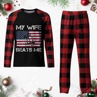 Funny Husband Sarcastic Plaid Pajama Set American Flag My Wife Beats Me - Wonder Print Shop