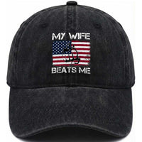 Funny Husband Sarcastic Washed Cotton Baseball Cap American Flag My Wife Beats Me