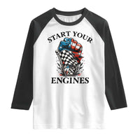 Checkered American Flag Racing Raglan Shirt Start Your Engines Race Car - Wonder Print Shop