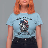 Checkered American Flag Racing T Shirt For Women Start Your Engines Race Car - Wonder Print Shop