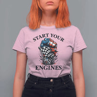 Checkered American Flag Racing T Shirt For Women Start Your Engines Race Car - Wonder Print Shop