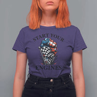 Checkered American Flag Racing T Shirt For Women Start Your Engines Race Car - Wonder Print Shop