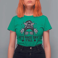 Racing Checkered Flag Messy Bun Race Day T Shirt For Women - Wonder Print Shop