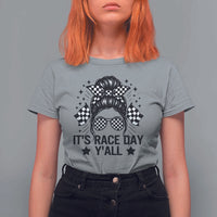 Racing Checkered Flag Messy Bun Race Day T Shirt For Women - Wonder Print Shop